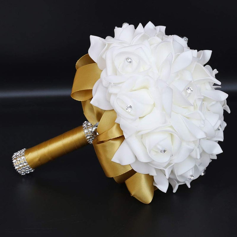 Flonding Wedding Bouquet, Gold Bouquet for Bride Bridesmaid with Diamond Soft Ribbons, Artificial Rose Bridal Holding Flowers for Party Church - Image 2